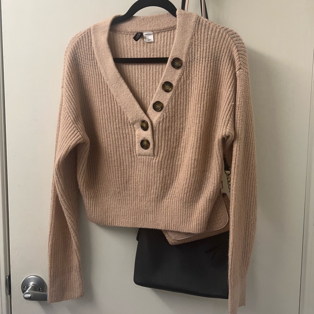 Divided (H&M) Blush pink faux button up v-neck sweater